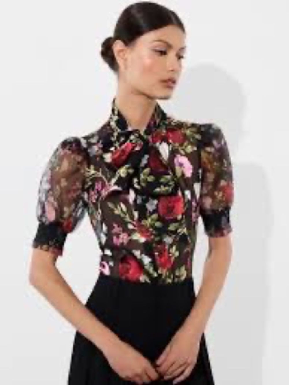 ALICE + OLIVIA Brentley Silk combo Tie-Neck Puff-Sleeve Blouse size L